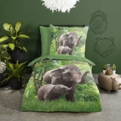 Good Morning Elephants Dekbedovertrek - Green - 140 x 220 cm Hot