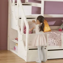 LIFEETIME Stapelbed Familie Met Trapkast - 90/140x200 cm - Premium Rolbodem - White Wash Wit Hot