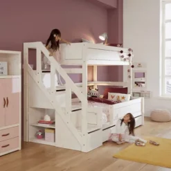 LIFEETIME Stapelbed Familie Met Trapkast - 90/140x200 cm - Premium Rolbodem - White Wash Wit Hot