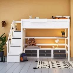 LIFETIME Kidsrooms Hoogslaper met Trapkast – 90×200 cm – Premium Rolbodem Wit Sale