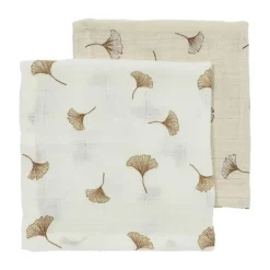 Meyco Baby Gingko Monddoekjes - 2 Stuks - 30 x 30 cm - Pre-Washed Hydrofiel - Offwhite/Soft Sand